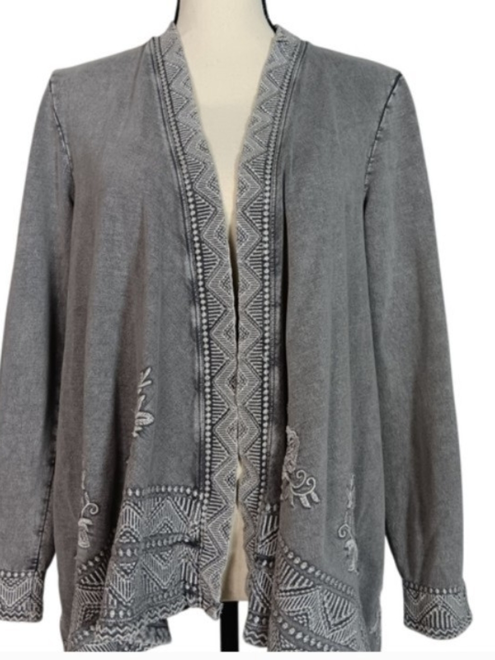 Coldwater Creek Gray Embroidered Coastal Grandma Open-Front Cardigan